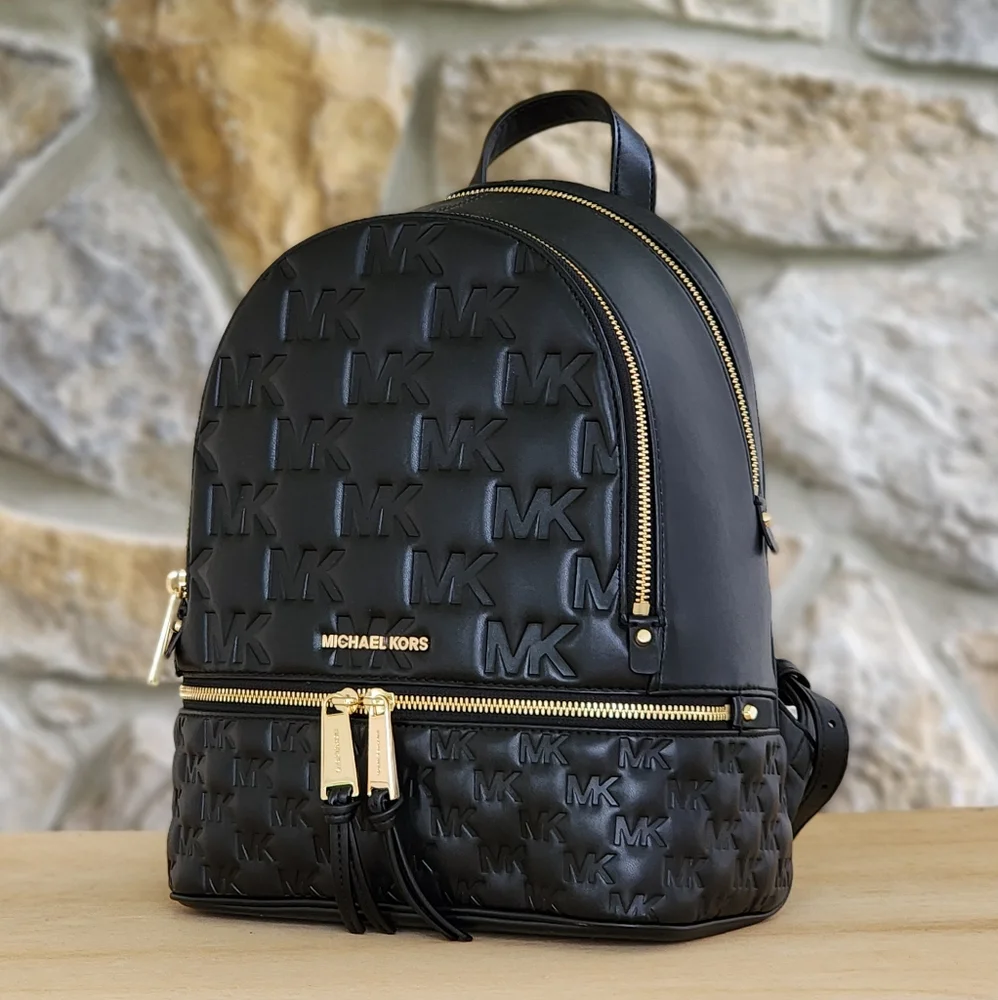 Michael Kors Rhea Logo Embossed Medium Black Backpack - Picture 1 of 3